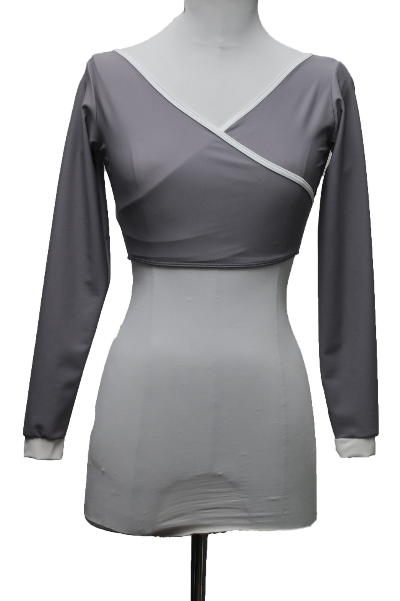 2059-Golfino-chiuso-in-Offerta Graues, gekreuztes Tanzoberteil/Mütze mit Herzausschnitt aus Lycra – Bild 1